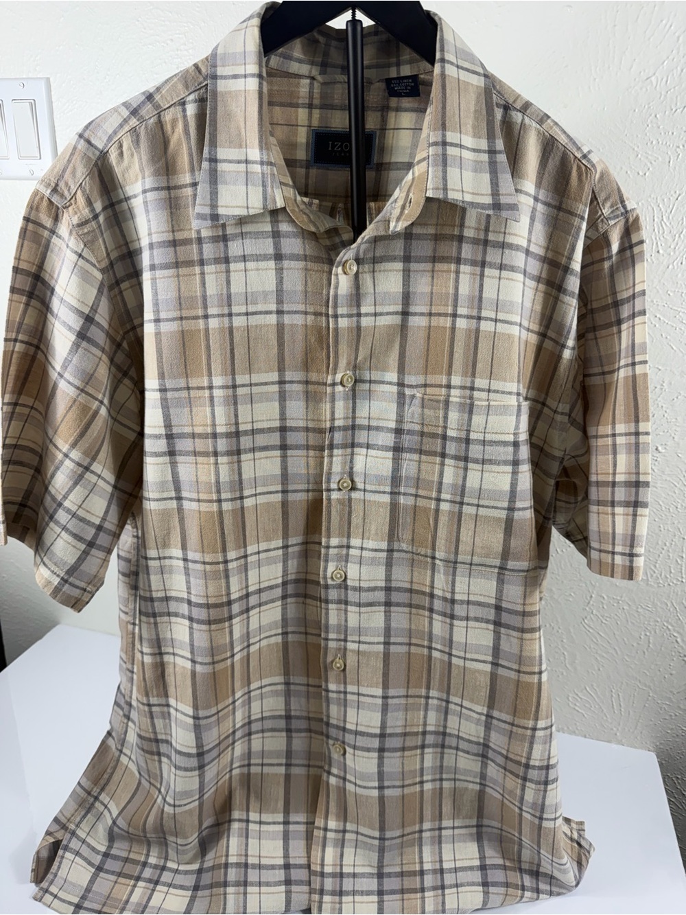IZOD Jeans Men’s Plaid Short Sleeve Linen Cotton Shirt Size L Beige Tan - Picture 3 of 8